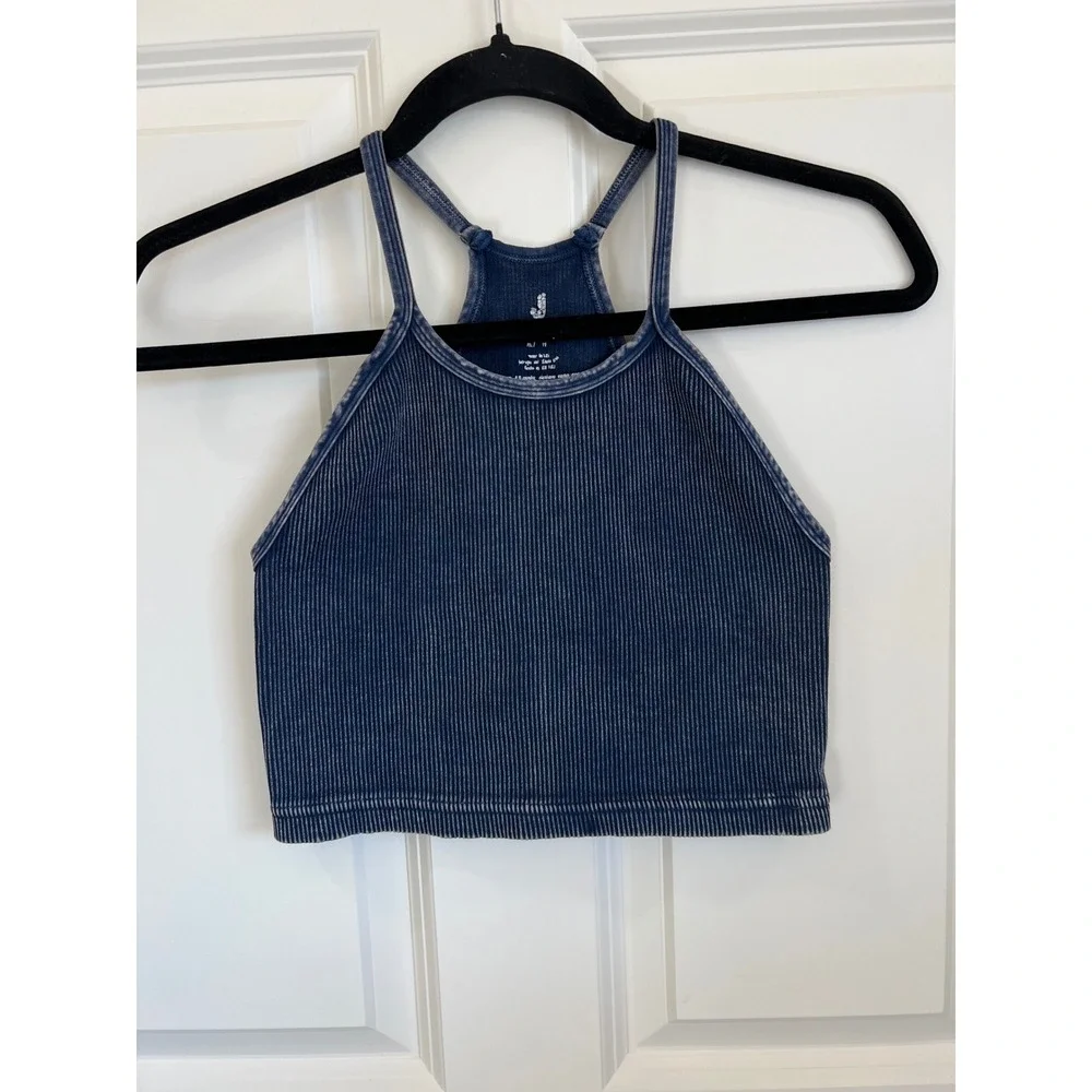 FREE PEOPLE Movement Happiness Runs Ribbed Crop Tank Top Navy Mineral Wash Med